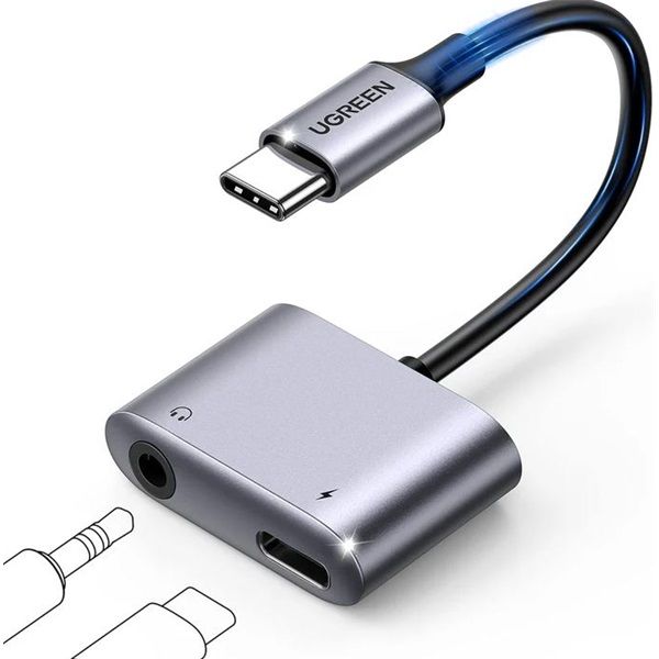 UGREEN Adapter USB-C - Audio 3,5mm Jack - USB-C M/F/F, 60W, PD, 0,25m, fekete (60164)