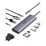 UGREEN Dokkoló állomás 10 az 1-ben, USB HUB, Ethernet, HDMI, VGA, 100W, SD/TF, 3,5mm Jack, szürke (15601)