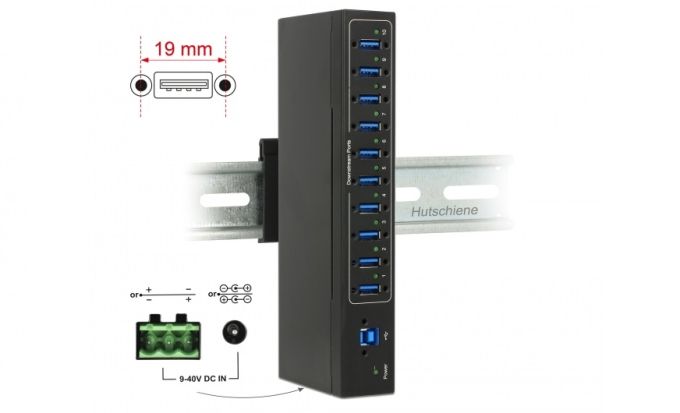 Delock Külso ipari hub 10 x USB 3.0 A-típusú 20 kV ESD védelemmel (63919)