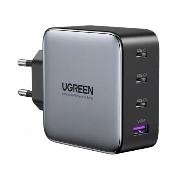 UGREEN hálózati töltő, 4 port, 3x USB-C, 1x USB-A, GaN, 100W, PD, szürke (40747)