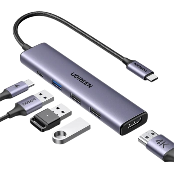 UGREEN Dokkoló állomás 5 az 1-ben, USB HUB, HDMI 1.4, 1x USB-A 3.0, 2x USB-A 2.0, USB-C, szürke (15495)