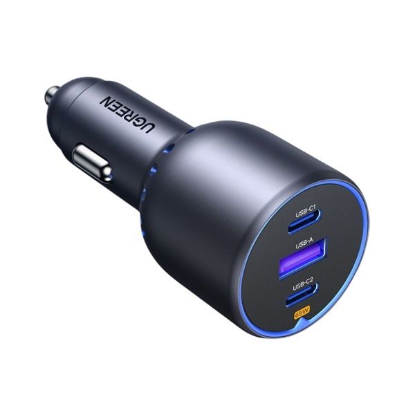 UGREEN Szivargyújtós autós gyorstöltő, 3 port, 2x USB-C, 1x USB-A, 75W, szürke (35024)
